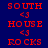 Red pixelated text "SOUTH <3 HOUSE <3 ROCKS" on blue, white, and purple backgrounds with varying opacity.