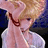 Pixelated anime-style character with blonde hair and red earrings, wearing a white top against dark background.