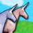 Pixelated image of a unicorn with a blue body and white horn standing on green grass under a blue sky, with text overlays on a pink background.