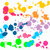 Colorful pixelated splatter patterns with scattered dots in red, yellow, orange, purple, blue, green, and pink on white background.