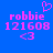 Blue background with pink pixelated text and symbols: 'robbie', '121608', '<3', and a heart above the name.