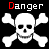A 6-frame animated contact sheet of pixelated skull and crossbones icons with "Danger" text, each frame showing slight variations in the red coloring of the word "Danger" against a black background.