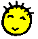 Six-frame pixel art animation of a yellow cartoon sun character with black spiky hair, showing various facial expressions across frames on a gray background.
