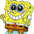 Yellow sponge character with large eyes and wide grin, wearing brown shorts and red tie against white background.
