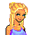 Pixel art contact sheet showing a blonde woman in a purple dress with blue text reading 'Katelyn' on white background.