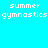 Pixelated text "summer gymnastics" appears in white on cyan background with black rectangular overlays, displayed across four distinct arrangements.