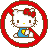 Pixelated Hello Kitty icon with red prohibition symbol, blue dress, yellow heart, and red bow in three variations showing different eye expressions.