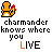 Pixel art contact sheet of a Charmander animation with text "charmander knows where you LIVE" across multiple frames showing color variations in the word "LIVE".