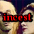 Pixelated image of four figures with light hair against dark background, red text 'incest' overlaid in center.