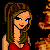 A 4-frame pixel art animation of a cartoon woman with brown hair in a ponytail wearing a red sleeveless top, set against a black background with orange flame-like shapes.