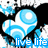 Animated blue and white abstract shapes with repeating 'live life' text over a black background, featuring pixelated motion effects.
