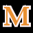 A pixelated orange letter M with white outline on black background, rendered in blocky retro style.