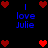 Pixelated red hearts and blue text 'I love Julie' on a black background, with heart arrangements changing across frames.