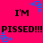 A bright pink background displays repeated text and blue square animations. The phrase "I'M PISSED!!!" appears in bold black pixelated letters, with the word "PISSED!!!" emphasized by three exclamation marks.