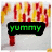 Animated icon shows red and yellow candy-like shapes with a black banner displaying 'yummy' text that changes to 'gummy'.
