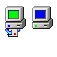 Pixelated computer monitor icons with green or blue screens and blue/red buttons, some showing animated file transfer arrows.