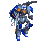 Pixelated mecha robot in blue, gray, and orange with a large gun, shown across three sequential poses against light gray background.