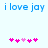 Blue text 'i love jay' appears above pink pixelated heart symbols on a light blue background, with two identical frames showing slight variations in heart positions.