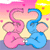 Two cartoon elephants, one pink and one blue, sit side-by-side forming a heart shape with their trunks against a pastel background with yellow suns and pink dots.