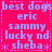 Pixelated text on bright pink background with light blue and white elements, featuring repeated names and phrases in a retro digital style