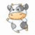A cartoon cow with gray and white patches, orange nose, black eyes, and small horns stands against a white background.