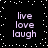 Black background with white pixelated dots forming a border, four identical text blocks reading 'live love laugh' in light purple lowercase letters arranged in two