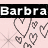 Pixelated animated buddy icon featuring repeating heart patterns and text "Barbra Barbra" on a light pink background with black banner.
