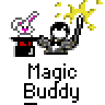 Pixel art contact sheet showing two frames of an animated magic-themed buddy icon with a magician, rabbit in top hat, and text elements on gray background.