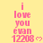 Yellow background with pink text reading "i love you evan 12208" and a small heart symbol, repeated in three across the image