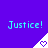 A static image with a solid purple background displaying six identical 'Justice!' text elements arranged in two , each accompanied by a white triangular shape containing a purple heart symbol