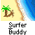Pixelated beach scene with palm tree, surfboard, and surfer character in multiple animation frames.