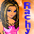 Pixelated image of a person with long brown hair wearing pink clothing, standing against an orange gradient background with vertical blue text reading "RACHY" on the right.