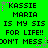 Green background with black pixelated text repeating 'KASSIE MARIA IS MY SIS FOR LIFE!! DON'T MESS' across three , surrounded by pink and gray star-like pixels