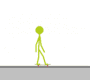 Green stick figure performs skateboarding tricks across multiple with blue rectangular obstacles on gray ground