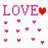 Pixelated pink 'LOVE' text with red heart symbol, surrounded by scattered small hearts on white background.