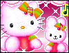 Pink Hello Kitty and bunny with musical bow, pink background, animated expressions.
