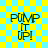 Yellow and cyan checkered background with four identical pixelated text blocks reading PUMP IT [UP!]