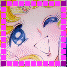 Pixelated anime-style face with large blue eyes, yellow hair, and pink skin, framed by a pink and purple border
