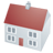Pixelated house icon with red roof, white walls, four windows, and a red door on a gray background.