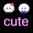 Two pixelated white circular figures with pink blush marks, one wearing a pink flower and the other a purple bow tie, below which is pink text reading 'cute' on black background.