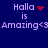Blue background with pixelated text 'Halla is Amazing<3' and red heart or dot animations above the name.