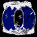 Blue oval shape with white snow-capped top, black interior oval, and scattered white snowflakes in motion.