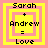 Four identical pixelated squares with yellow and pink borders display text 'Sarah + Andrew = Love' in black font.