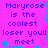 Pixelated text on a bright pink background with cyan decorative elements, repeating phrases about 'Maryrose' and 'coolest loser you'll meet'.