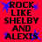 Red background with black text reading "ROCK LIKE SHELBY AND ALEXIS" and blue starbursts, repeated in a pattern with slight variations in starburst position