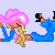 Pixel art buddy icon featuring a cartoon character with pink hair and blue outfit on left, next to purple text "sexy cowgrl!" on right against light background.