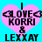 Pixelated heart-shaped icon with pink fill and black text reading "I LOVE KORRI & LEXXAY" on cyan background.