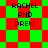 Pixelated text 'RACHEL AND DREW' appears on a red and green checkered background with two distinct patterns