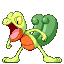 Three pixelated green reptilian creatures with red underbellies in distinct poses against a gray background.