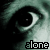 A pixelated close-up of a human eye with a dark pupil and light sclera, overlaid with the word 'alone' in blocky text, displayed across multiple